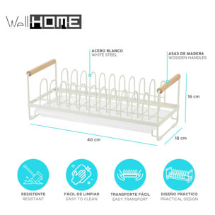 Escurreplatos para encimera en acero blanco con asas de madera 40x18x16cm