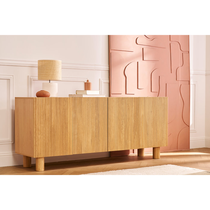 Buffet design en bois clair chêne massif gravé 4 portes L180 cm GOSHI