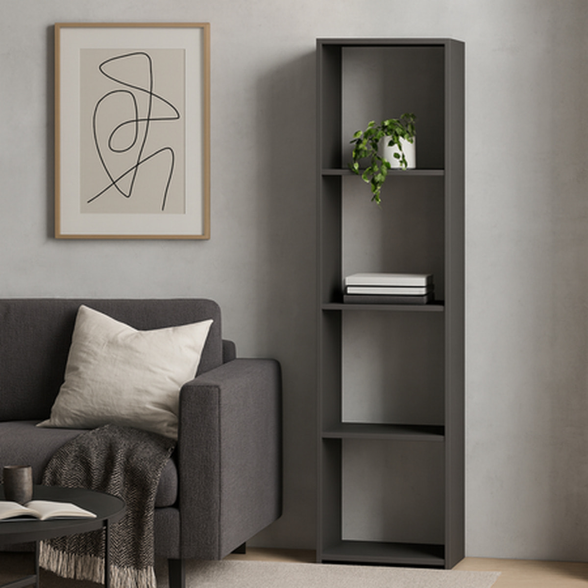 Libreria a colonna LONI 160x40 cm grigia con 4 ripiani a giorno