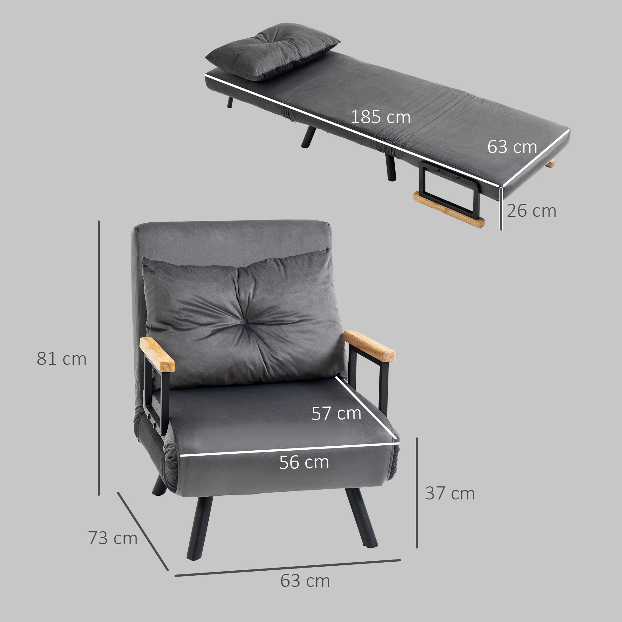 Fauteuil convertible 3 en 1 chauffeuse lit dossier réglable coussin accoudoirs bois velours anthracite