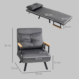 Fauteuil convertible 3 en 1 chauffeuse lit dossier réglable coussin accoudoirs bois velours anthracite