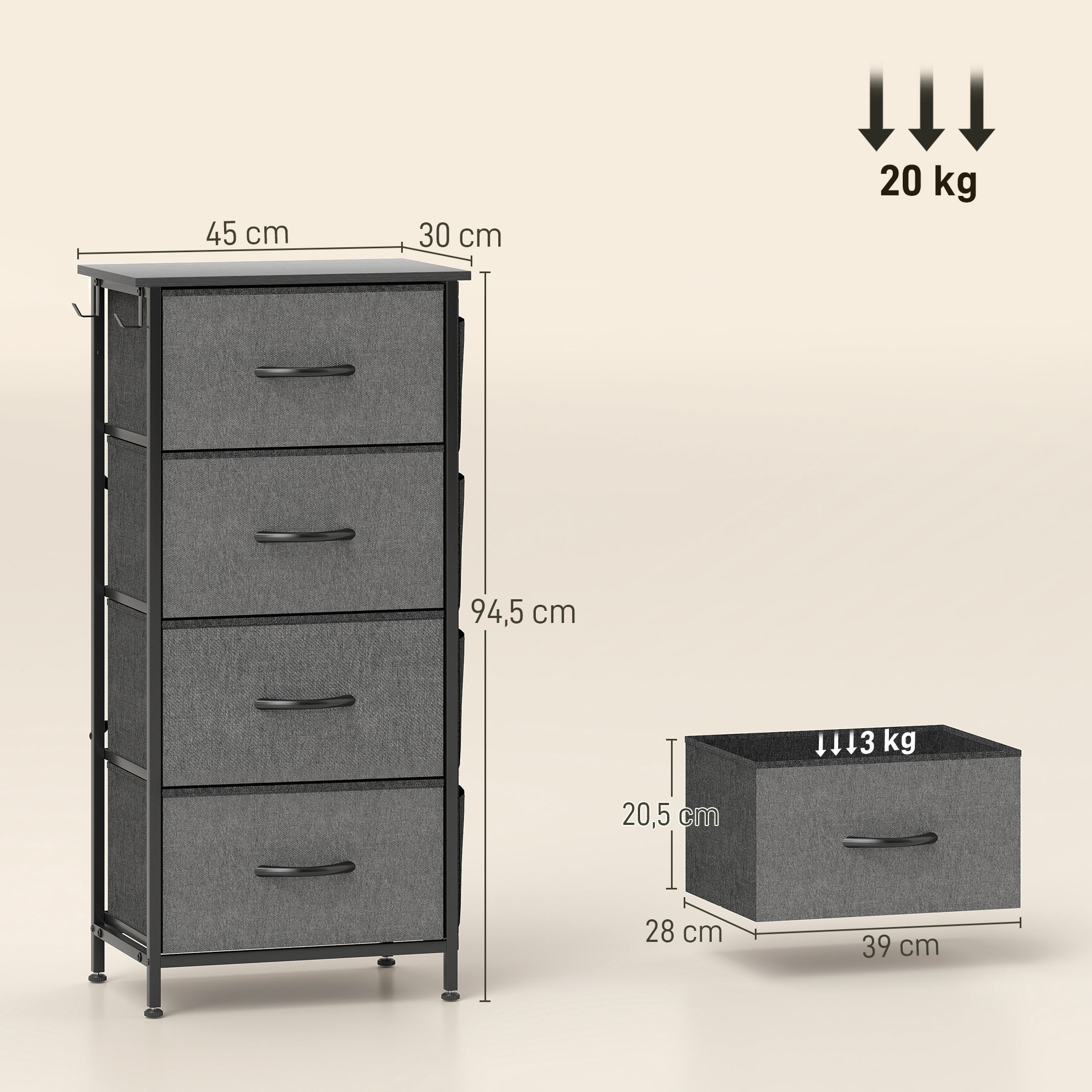 Commode chiffonnier 4 tiroirs en tissu 4 poches 2 crochets gris noir