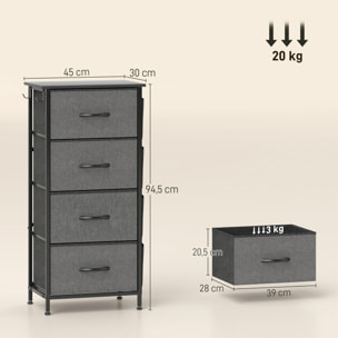 Commode chiffonnier 4 tiroirs en tissu 4 poches 2 crochets gris noir