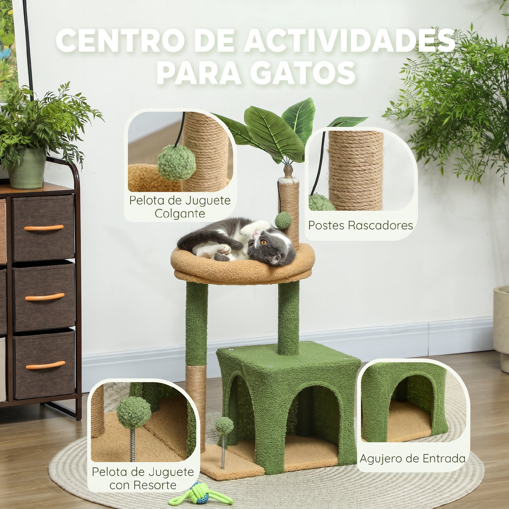 Árbol Rascador para Gatos 98 cm, Torre para Gatos con Hojas Artificiales, Cueva, Cama, Postes Rascadores, 2 Bolas de Juguete, Cubierto de Terciopelo, Verde