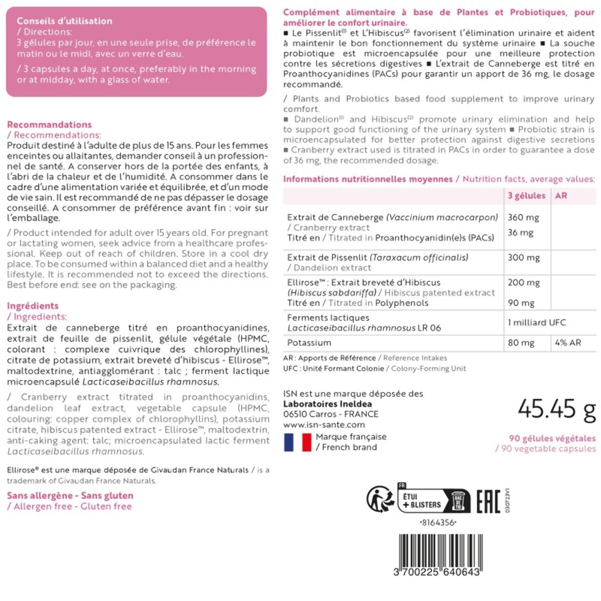ISN - Cystinil - Complément alimentaire à base de Cranberry, Pissenlit, Probiotiques - Améliore le confort urinaire - Cure 30 jours