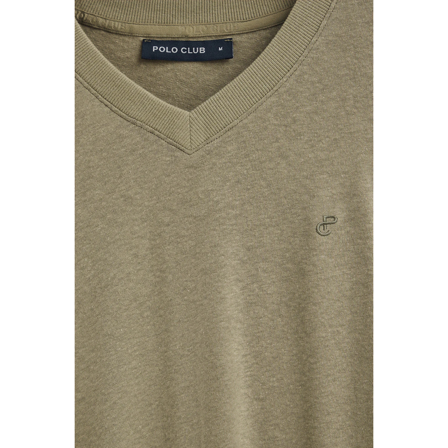 Camiseta verde en lino y algodón de cuello en pico y monograma bordado
