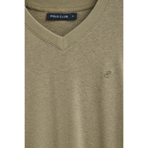 Camiseta verde en lino y algodón de cuello en pico y monograma bordado