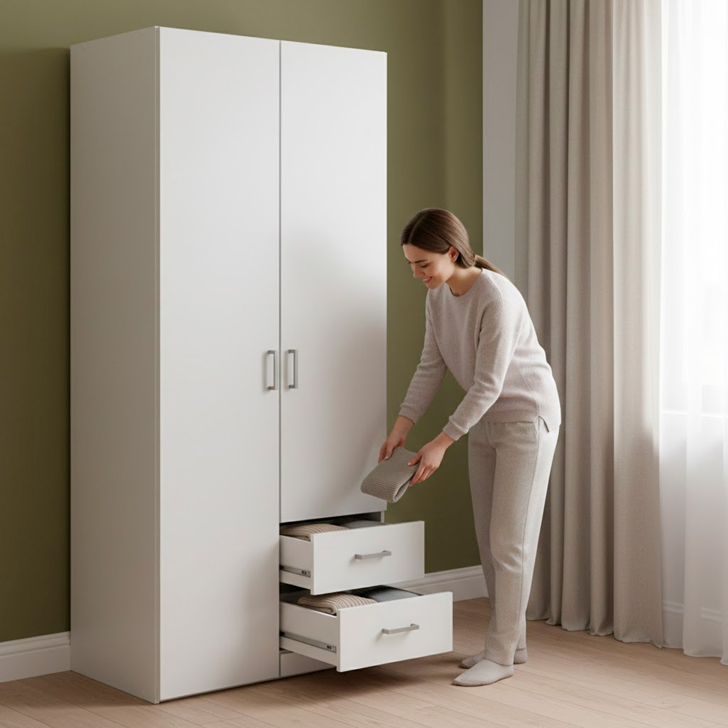 Armadio Con 2 Ante e 3 Cassetti Armadietto Multiuso Design Moderno Salvaspazio Vano Con Barra Appendiabiti E Ripiani 77.6 x 49.5 x 175.4 Cm Bianco