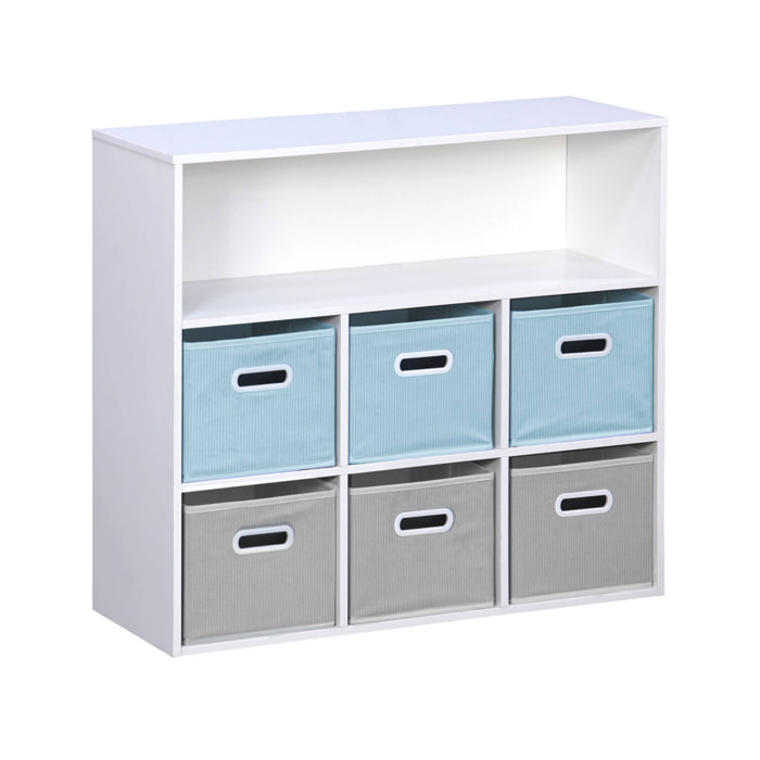 Meuble de rangement pour enfant avec 7 compartiments et 3 paniers bleus et 3 paniers gris en velours