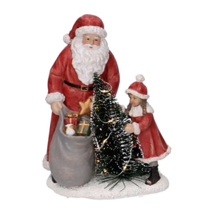 Statua in resina babbo natale con bambina rossa con led cm15x11h18,5