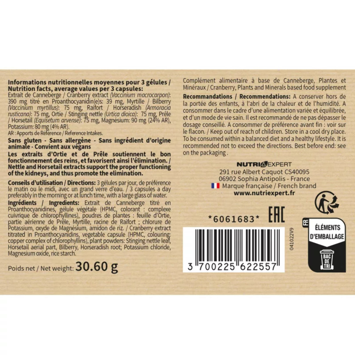 NUTRIEXPERT - Cranberry Complex - Favorise l'Élimination Rénale - Confort urinaire -  Canneberge + Ortie + Prêle - Vegan - 60 gélules