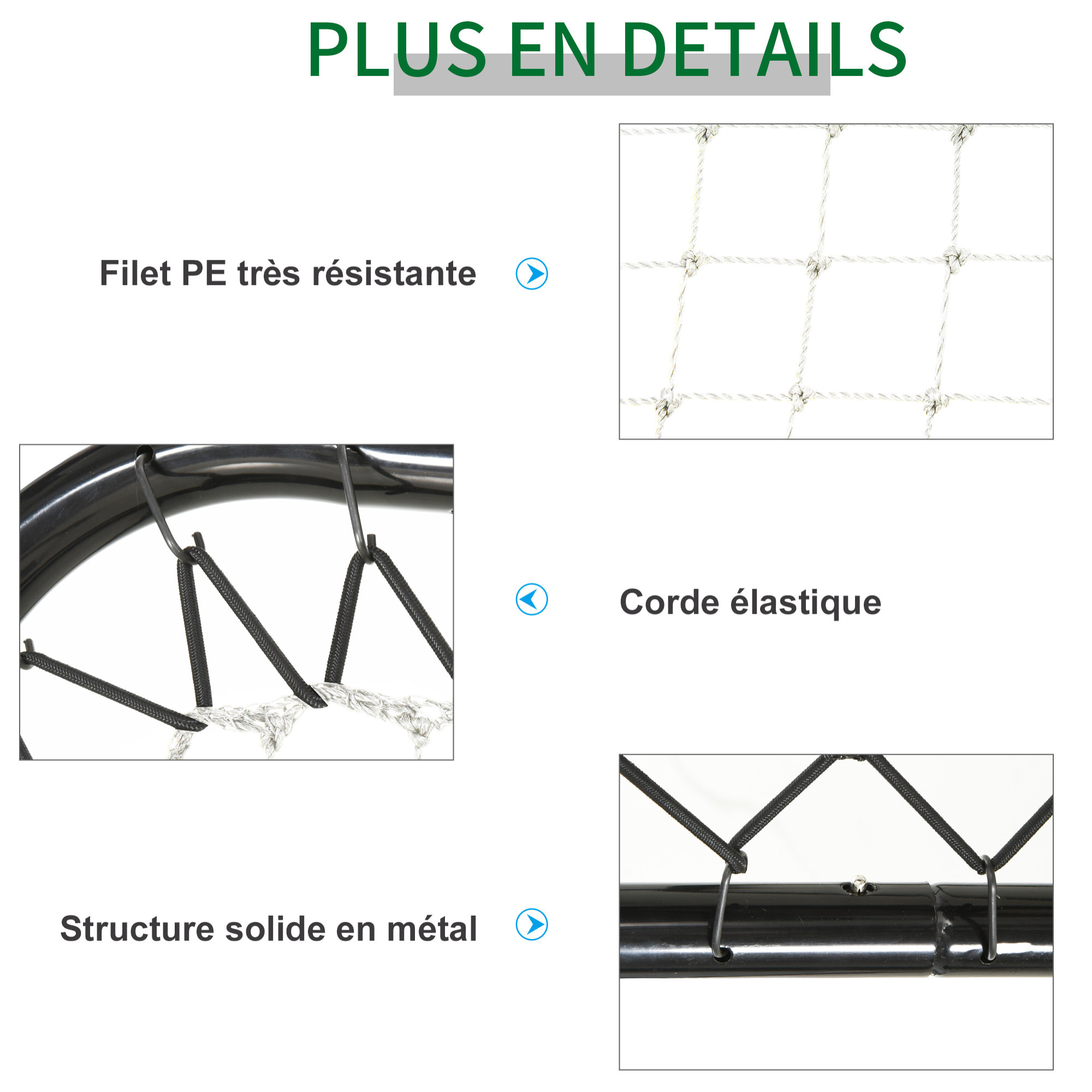 Filet de rebond de football pliable - inclinaison réglable 5 positions - dim. 84L x 78l x 78H cm - piquets d'ancrage inclus filet PE blanc métal époxy noir