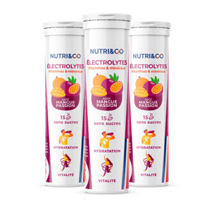 Nutri&Co Électrolytes Hydratation - 5 Minéraux 4 Vitamines - Goût Mangue-Passion - Lot de 3 tubes - 45 comprimés