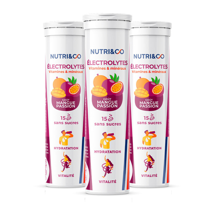 Nutri&Co Électrolytes Hydratation - 5 Minéraux 4 Vitamines - Goût Mangue-Passion - Lot de 3 tubes - 45 comprimés