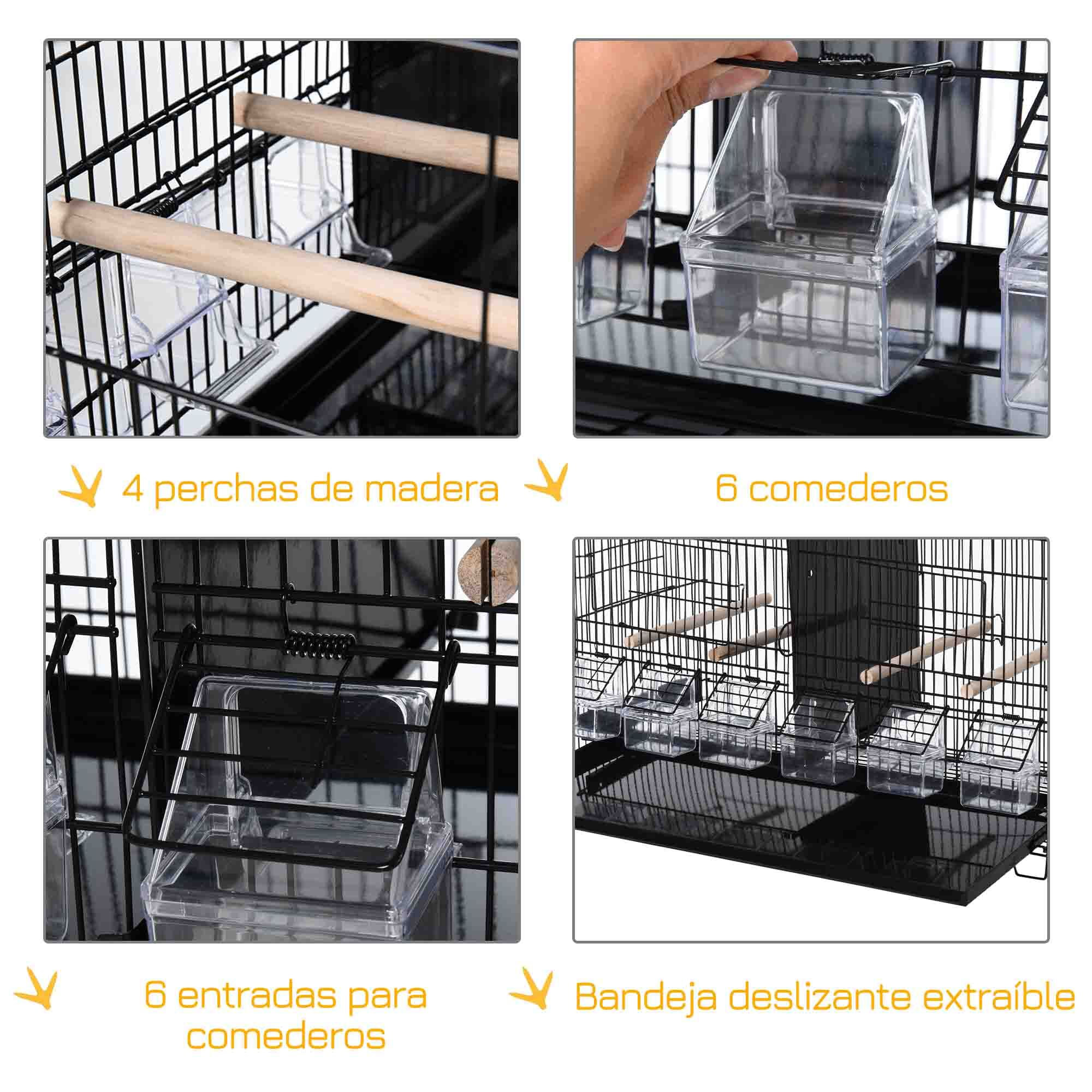 Jaula para Pájaros con Divisor Pajarera con Ganchos Superiores Puertas Comederos Perchas y Bandeja Extraíble para Canarios Periquitos 59,5x26,5x39,5 cm Negro