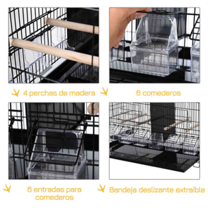Jaula para Pájaros con Divisor Pajarera con Ganchos Superiores Puertas Comederos Perchas y Bandeja Extraíble para Canarios Periquitos 59,5x26,5x39,5 cm Negro