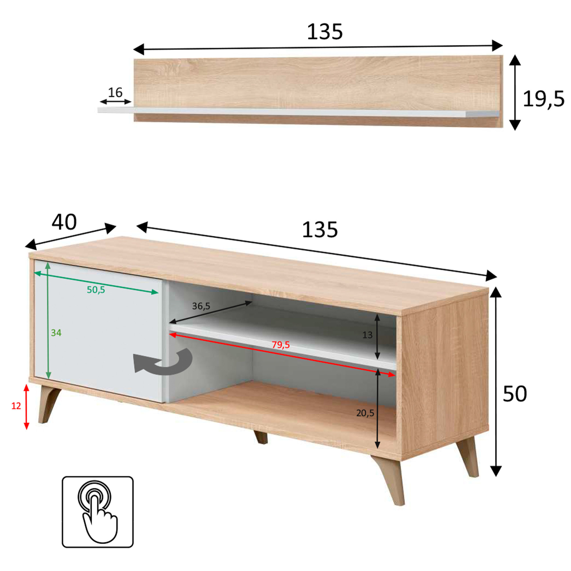 Mueble tv kiko + estante 1p roble/blanco