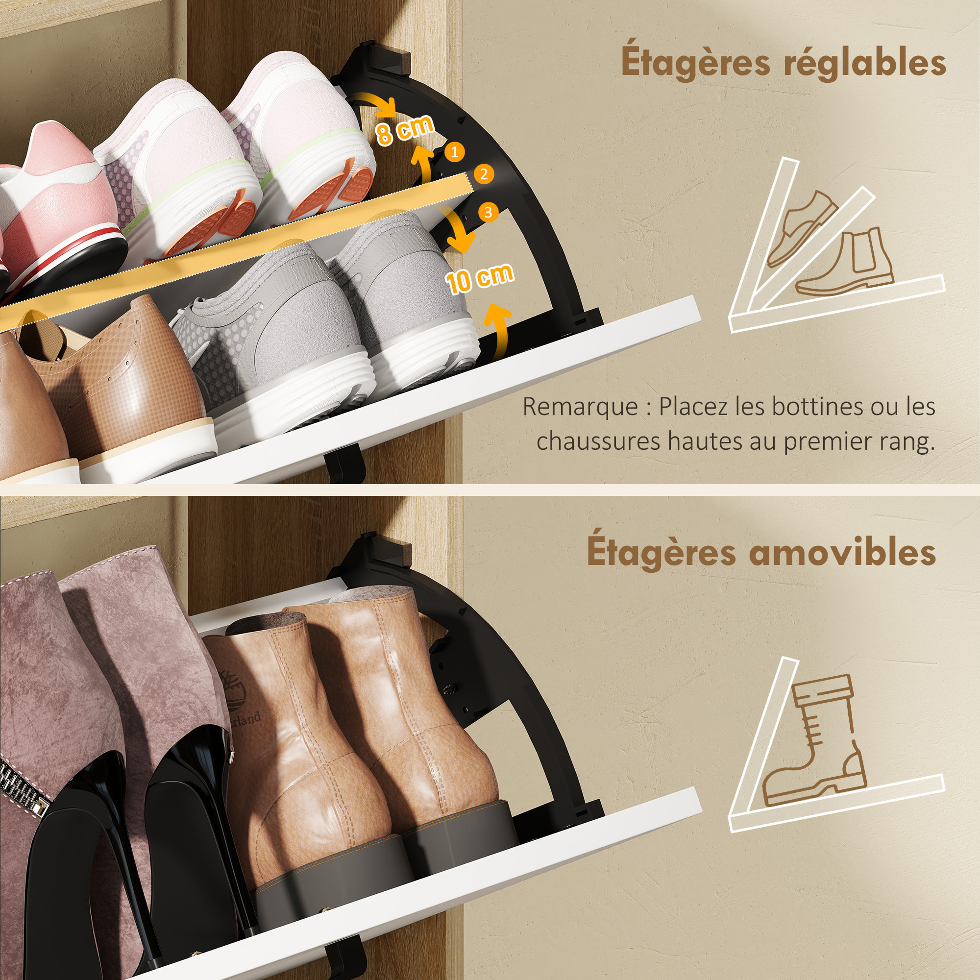 Meuble à chaussures 2 portes étagères 4 niches blanc naturel