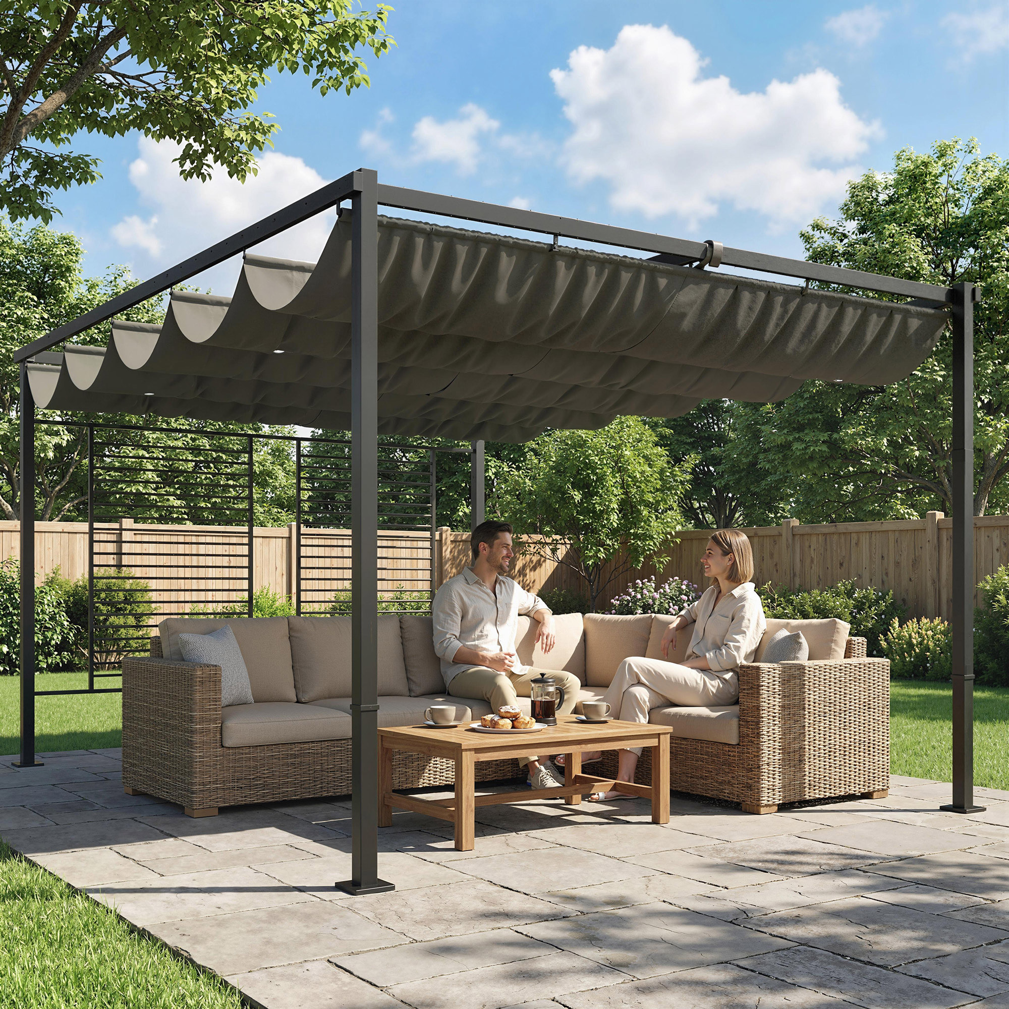 Pérgola de Jardín 4x3 m con Techo Retráctil y 2 Paneles de Privacidad Fijos, Cenador de Jardín con Protección UPF50+, Drenaje, Estructura Metálica, Pabellón para Exterior, Gris Oscuro