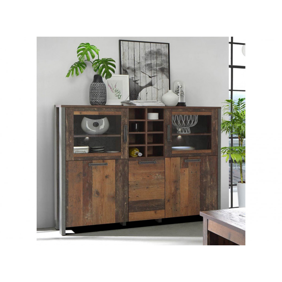 Buffet en bois avec 2 portes vitrées L151cm effet bois vieilli - FRED