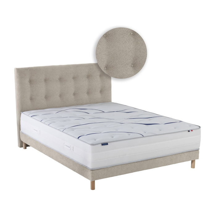 Ensemble matelas mémoire de forme ALTEA avec sommier et tête de lit, chenille bouclettes crème