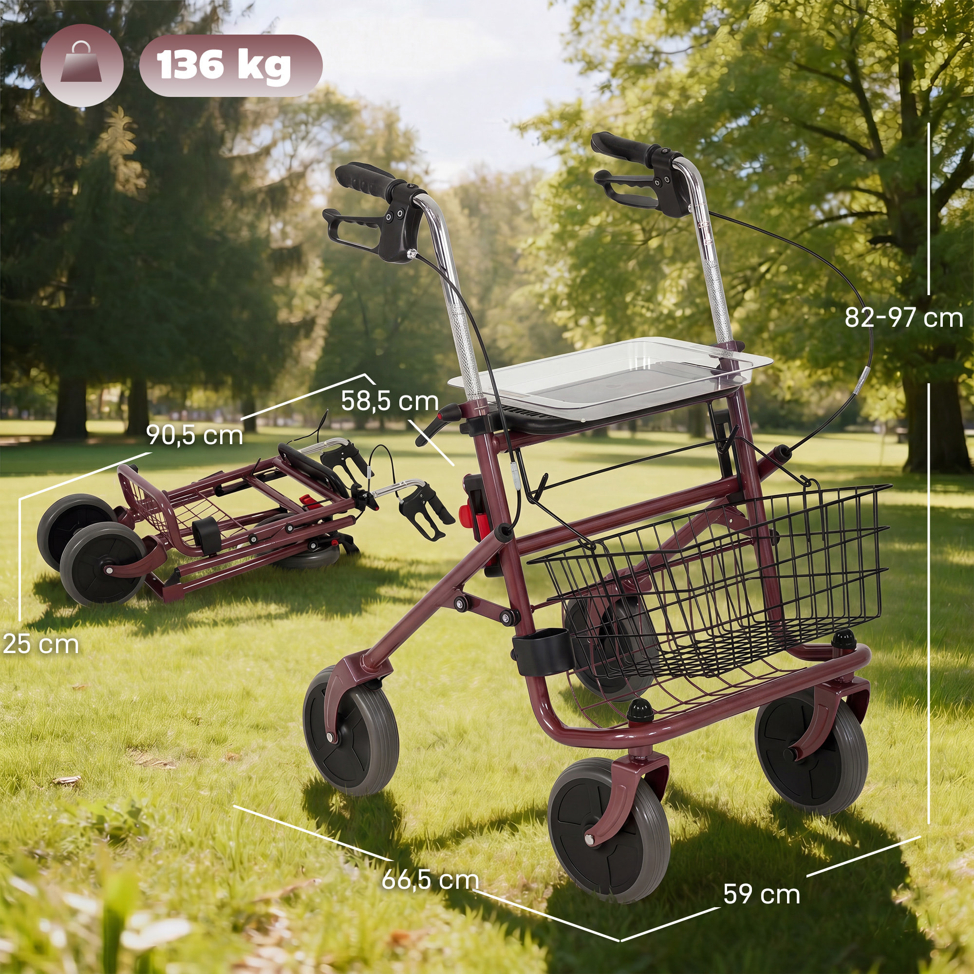 Andador para Ancianos Plegable, Andadores Adultos para Personas Mayores con Asiento y 4 Ruedas Altura Ajustable Frenos de Maneta Cesta Bandeja y Porta Bastón Rojo Vino