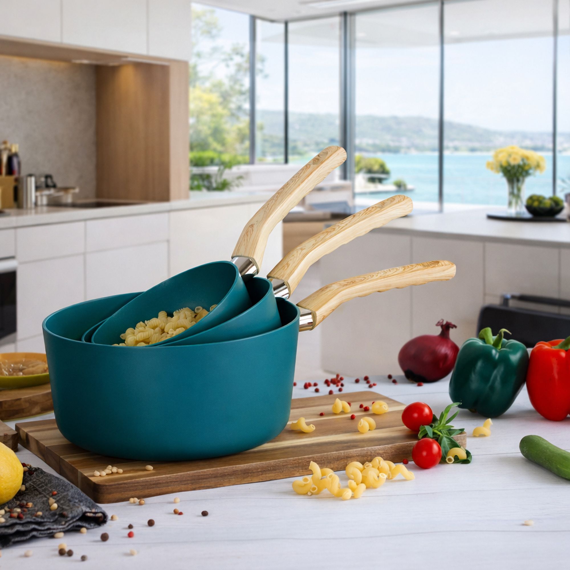 Lot de 3 casseroles revêtement céramique bleu canard - tous feux COLORAMA