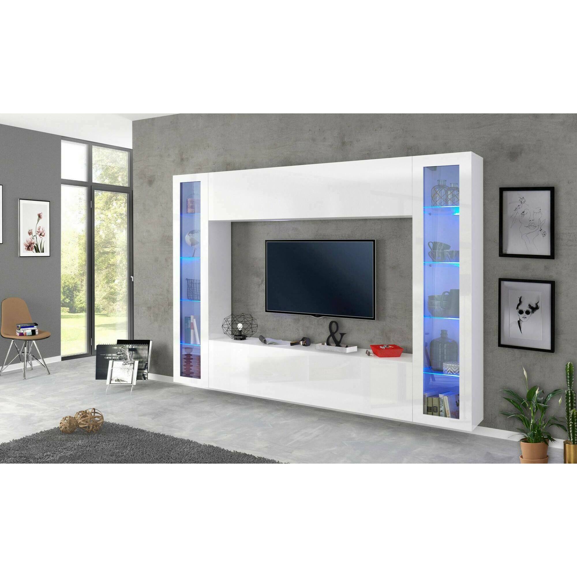 Parete attrezzata da soggiorno, Made in Italy, Base porta TV e pensili e scaffali, Set salotto moderno, cm 260x30h180, colore Bianco lucido, con luce LED blu e due vetrine