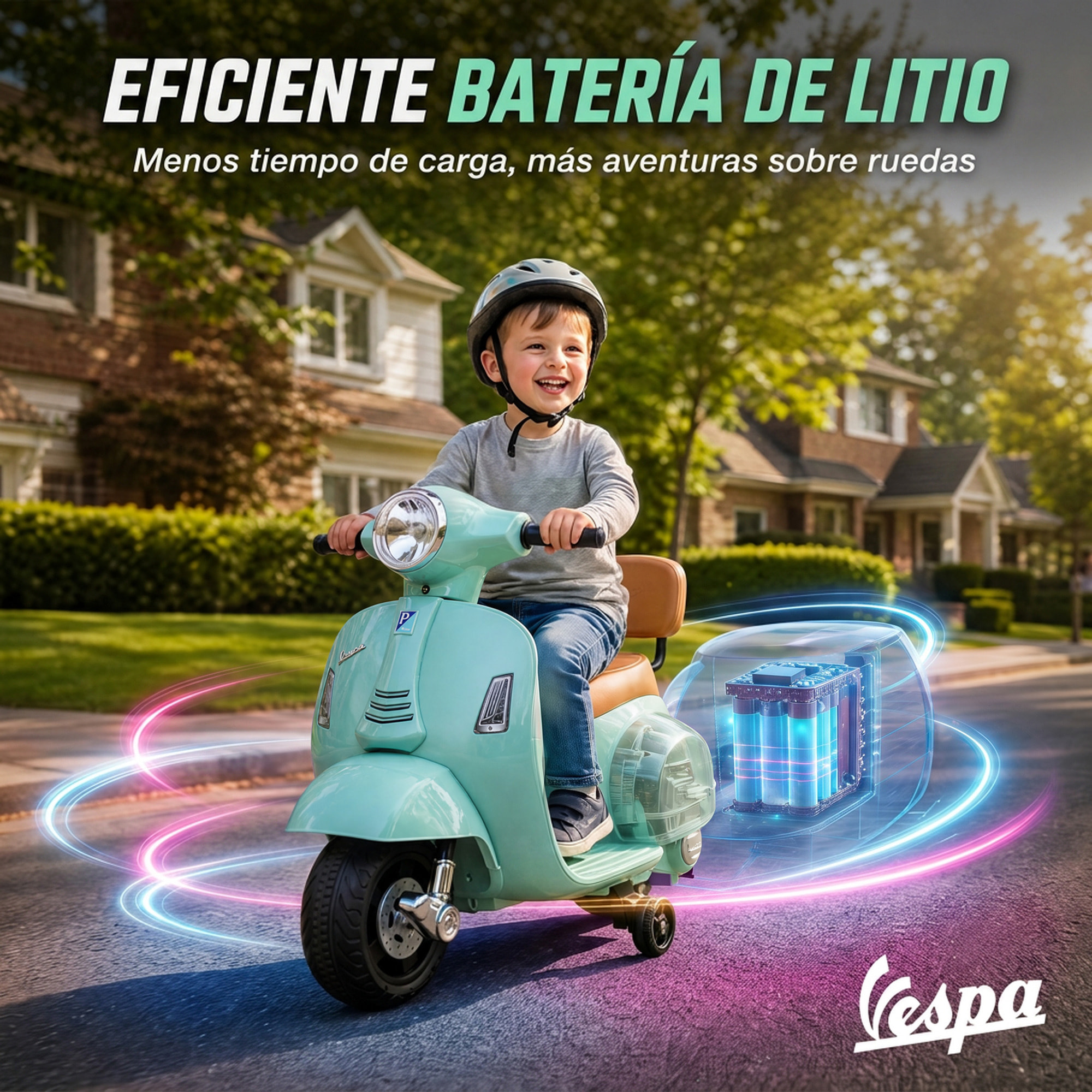 Moto Eléctrica para Niños Licencia Mini Vespa GTS 6V, Moto Eléctrica Infantil con 2 Ruedas Auxiliares, Batería de Litio, Faro, Bocina, Respaldo, 2,5 km/h, Avance y Atrás, 18-36 Meses, Verde