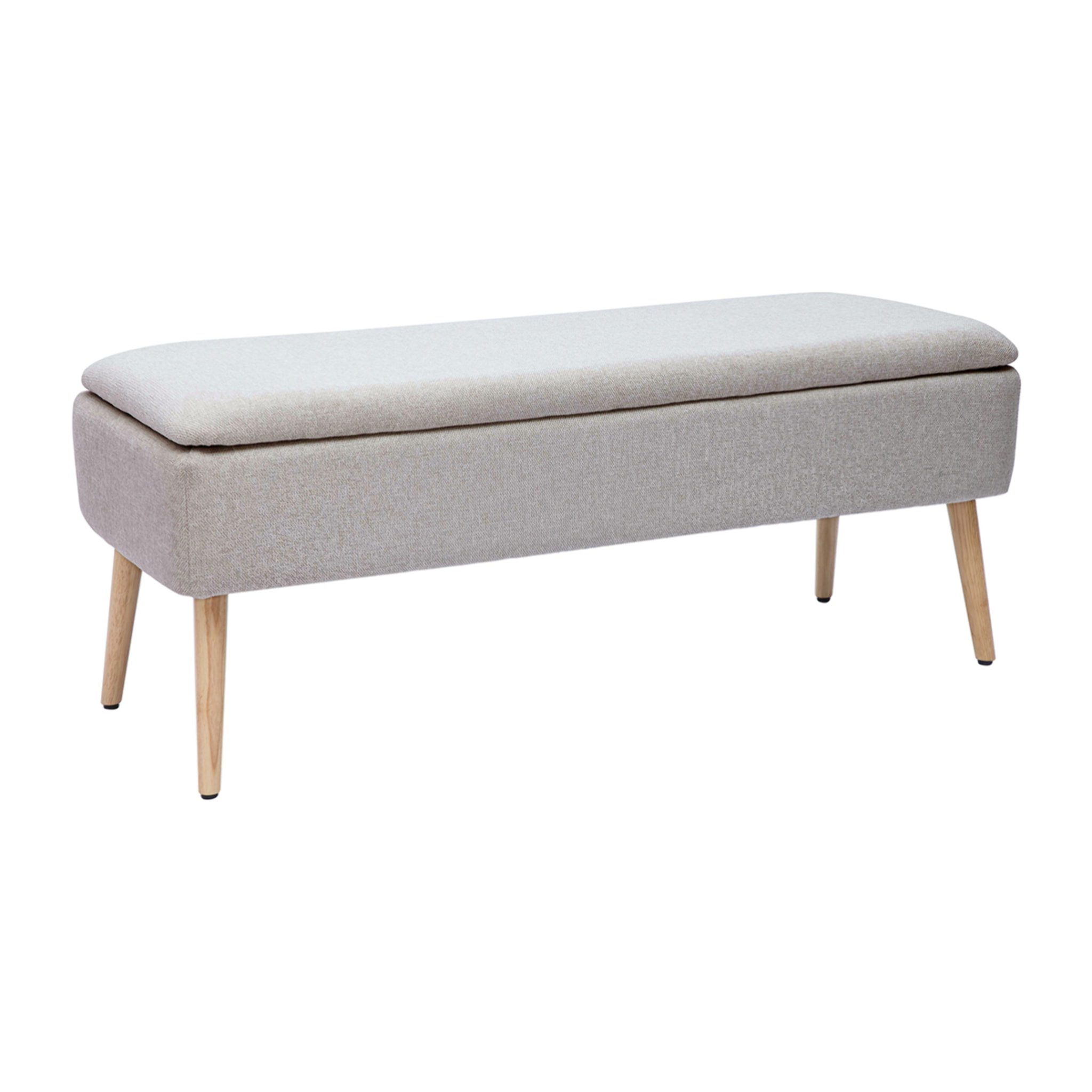Banc coffre en tissu effet velours texturé beige et bois clair massif L120 cm LARS