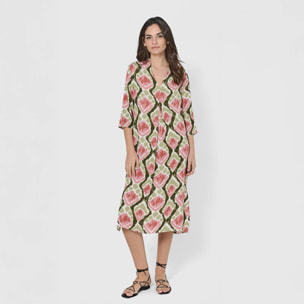 Vestido midi bambula detalles plisados amapola verde/rosa