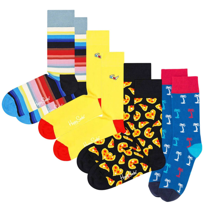 Set de 4 pares de calcetines - diseños "Gradient", "Pizza", "Palmeras" y "3D Glasses"