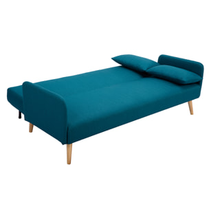 Canapé convertible scandinave 3 places en tissu bleu canard et bois clair LULA