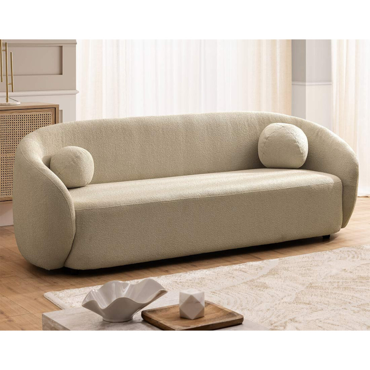 Flore - Canapé droit 3 places en tissu bouclette - Taupe