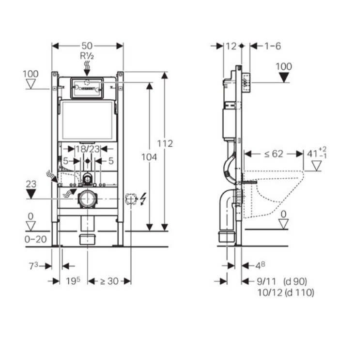 Pack WC sans bride SAT, fixations invisibles + Abattant softclose + Bâti autoportant Geberit UP100 + Plaque blanche