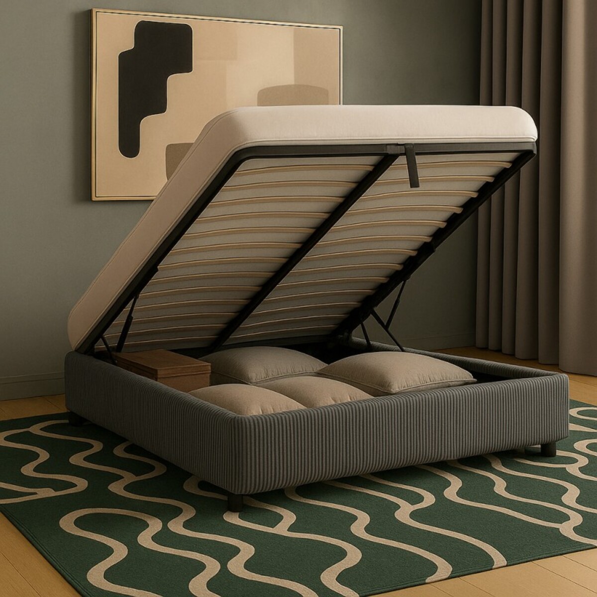 Lit coffre Cancun | Espace de Stockage jusqu'à 900 L | Robuste et Large Angle d’Ouverture | Velours Côtelé | Grs clair