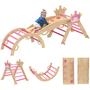 8 en 1 Triángulo de Escalada de Madera, Estructura de Escalada Montessori, Tema de Corona, con Arco y Rampa para Deslizarse o Escalar, para Niños de 18-48 Meses, Interiores, Rosa