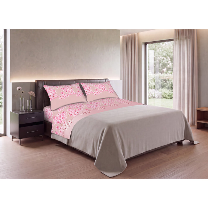 Completo Lenzuola in Flanella Morbida e Calda Made In Italy disegno Fiorellino Colore Rosa