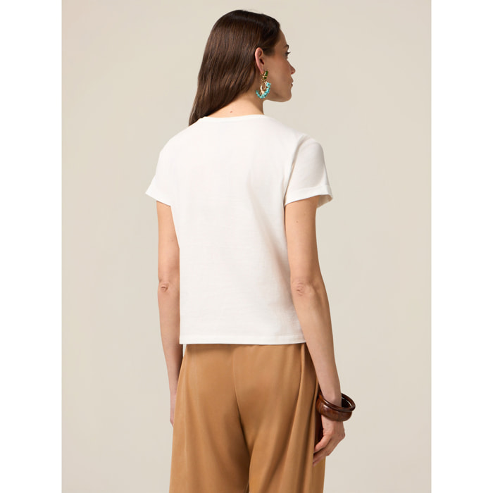 Oltre - Camiseta de algodón con estampado y aplicaciones - Blanco