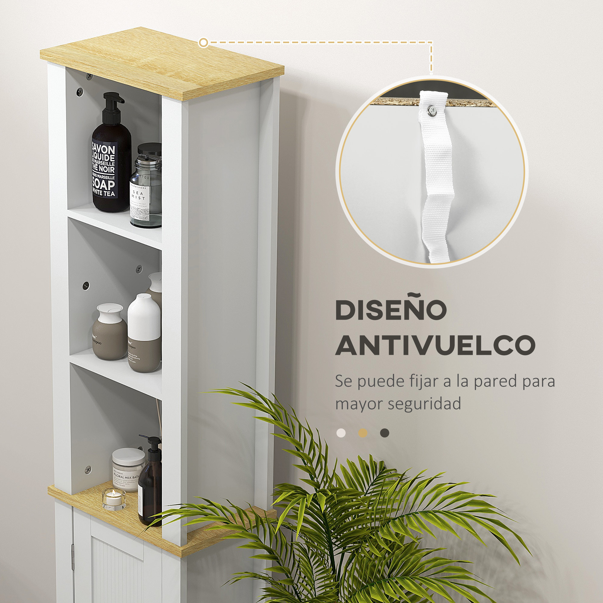 kleankin Mueble Auxiliar de Baño Columna de Baño Armario de Baño con Estantes Abiertos Puerta y Estante Ajustable Diseño Anti-vuelco 34x23x165 cm Blanco