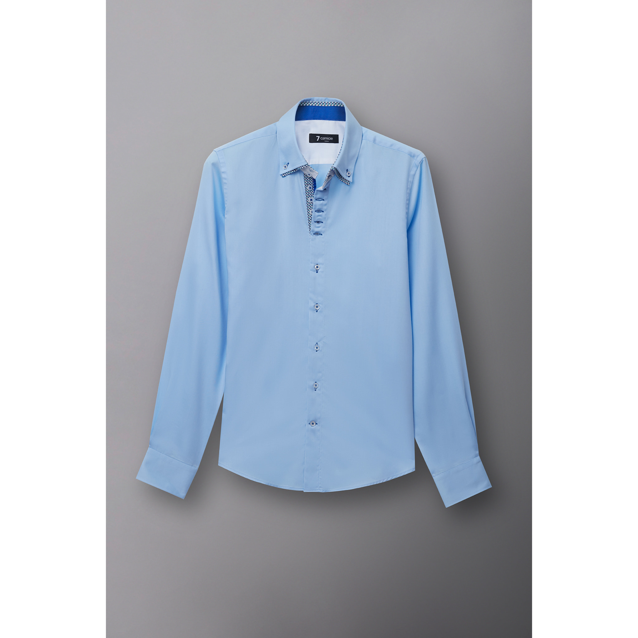 Camicia Uomo 2 Bottoni Button Down 7bottoni Doppio Coll Satin Unito Celeste