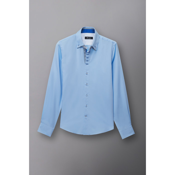 Camicia Uomo 2 Bottoni Button Down 7bottoni Doppio Coll Satin Unito Celeste