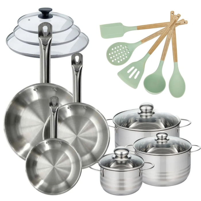 Lot de 3 Poêles 20/24/28cm et 3 Faitouts 16/20/24cm avec couvercles Fackelmann Etherna avec 5 ustensiles