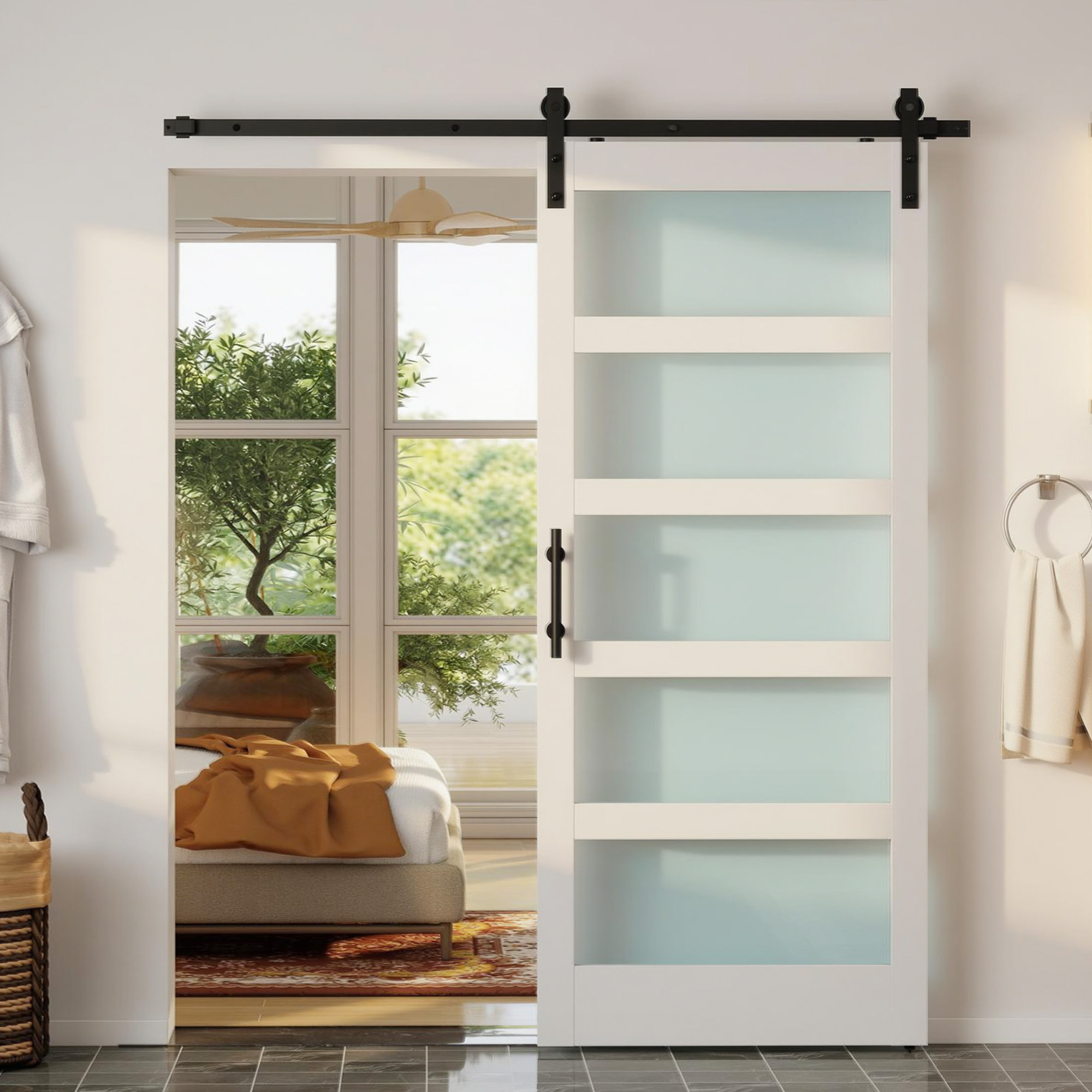Puerta Corredera con Herrajes 91x213 cm, Puerta Corredera Interior de MDF y Vidrio Esmerilado con Rodillo, Riel, Guía de Suelo, para Baño, Salón, Sala de Estar, Blanco