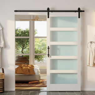 Puerta Corredera con Herrajes 91x213 cm, Puerta Corredera Interior de MDF y Vidrio Esmerilado con Rodillo, Riel, Guía de Suelo, para Baño, Salón, Sala de Estar, Blanco