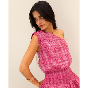 Vestido corto asimétrico con nido de abeja y volantes