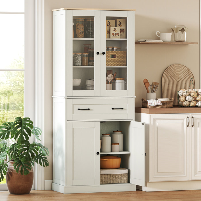 Alacena de Cocina, Mueble Auxiliar de Cocina con 2 Puertas de Acrílico, Cajón Grande, Estantes Ajustables, para Comedor, 76x40x182,5 cm, Crema