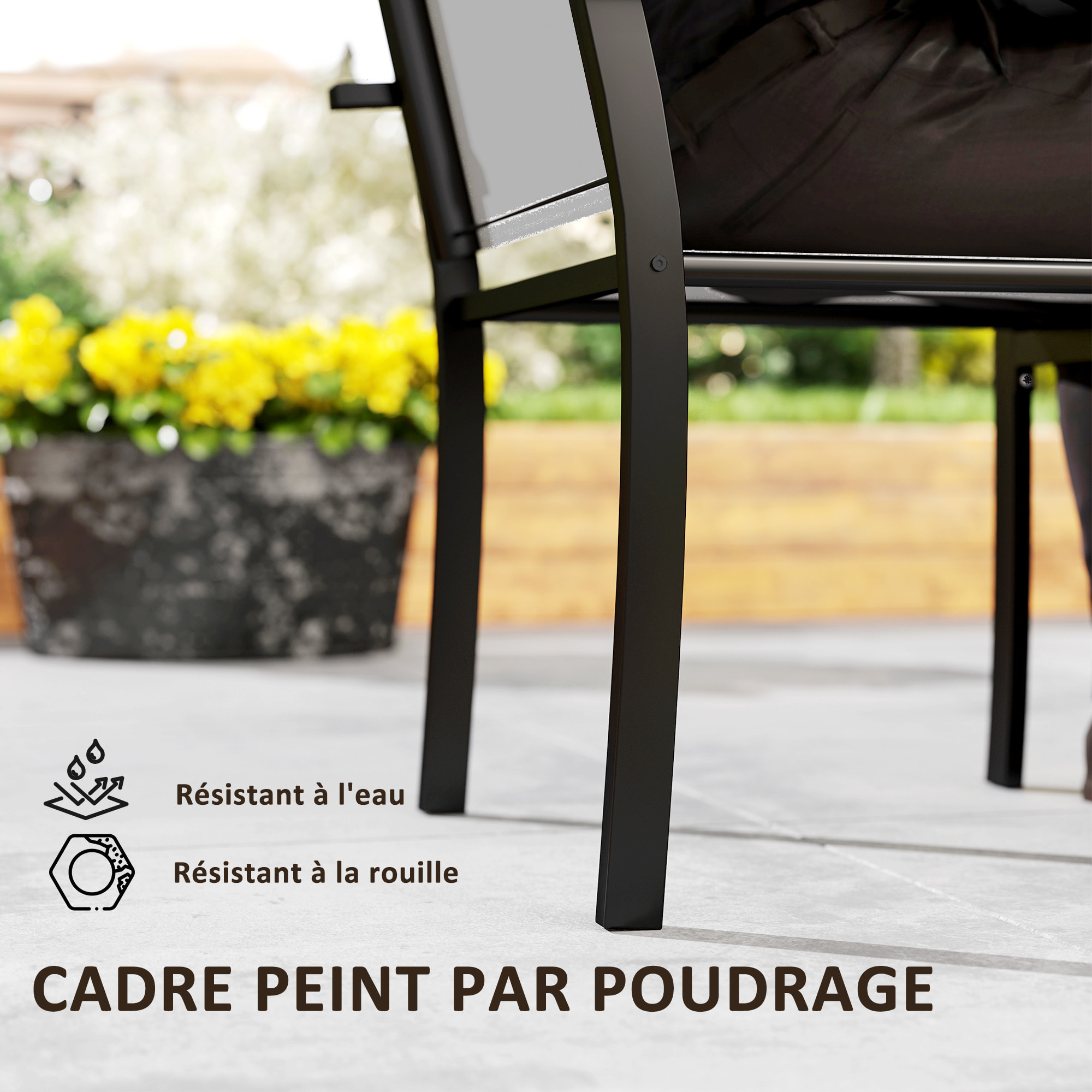 Lot de 2 chaises de jardin empilables avec accoudoirs acier noir textilène gris clair