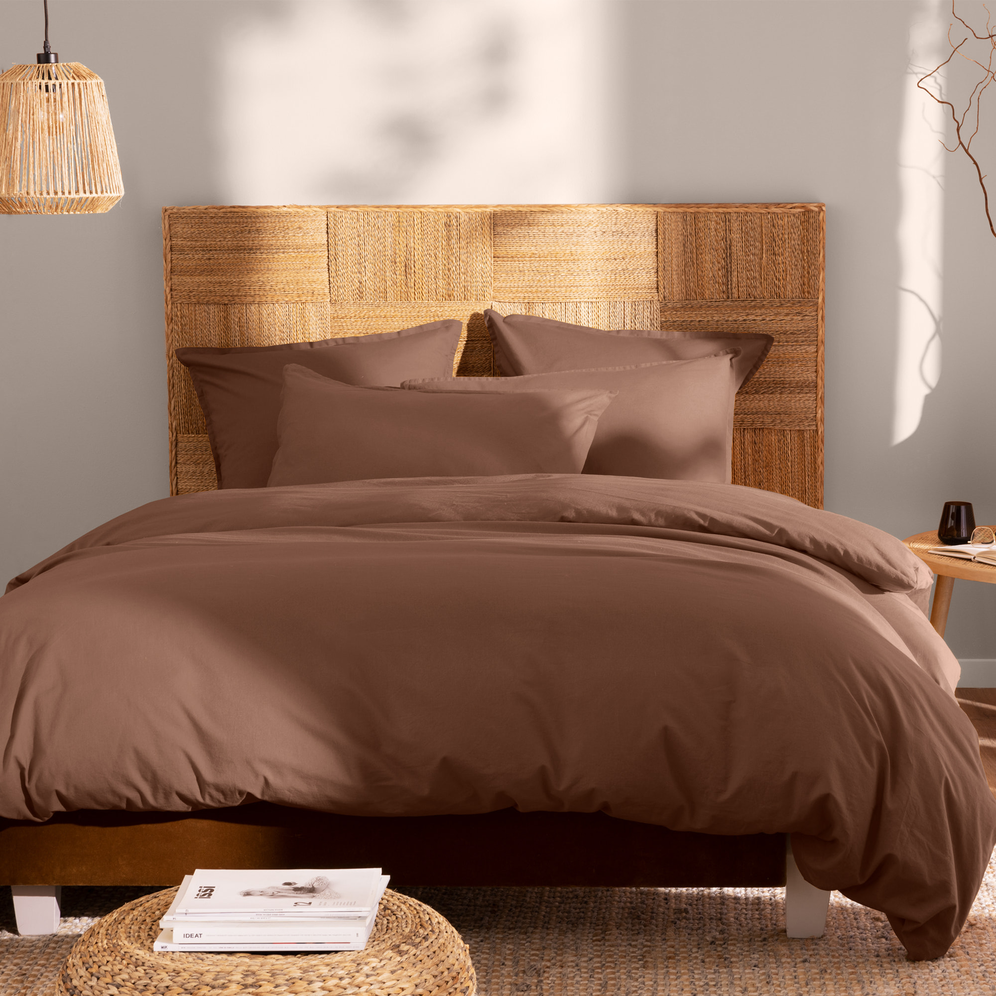 Parure de lit unie en coton taies à volant, COTON LAVÉ