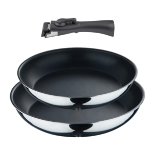 juego de 2 sartenes ø24ø26cm acero inoxidable negro + mango desmotable antiadherente ilag